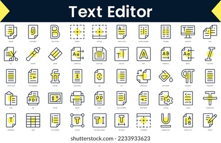 Set of thin line text editor Icons. Line art icon with Yellow shadow. Vector illustration