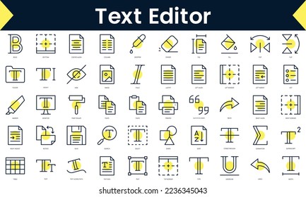 Set of thin line text editor Icons. Line art icon with Yellow shadow. Vector illustration