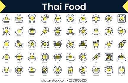 Set of thin line thai food Icons. Line art icon with Yellow shadow. Vector illustration