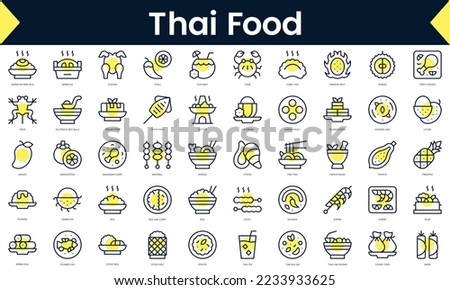 Set of thin line thai food Icons. Line art icon with Yellow shadow. Vector illustration