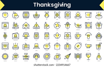 Set of thin line thanksgiving Icons. Line art icon with Yellow shadow. Vector illustration