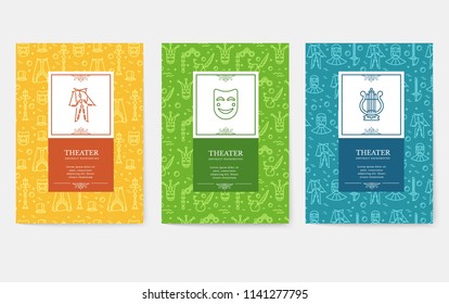Set of thin line theater pattern concept. Art traditional, magazine, book, poster, abstract, banners, element. Vector outline package greeting card or invitation design 