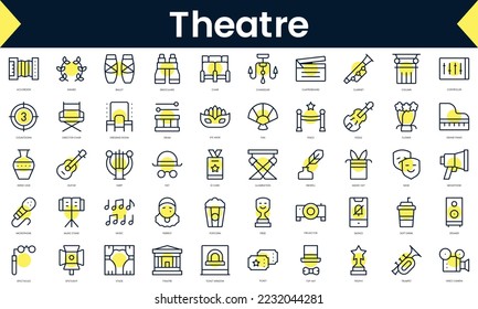 Set of thin line theatre Icons. Line art icon with Yellow shadow. Vector illustration