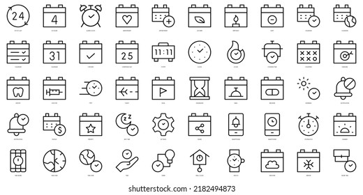 Set von Dünnzeilenzeit- und Datumssymbole. Vektorgrafik