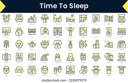 Juego de tiempo de línea delgada para dormir Iconos. Icono de línea de arte con sombra amarilla. Ilustración del vector