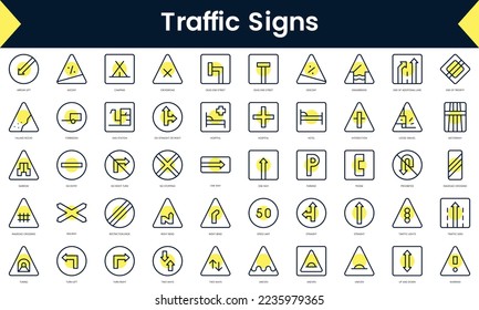 Set of thin line traffic signs Icons. Line art icon with Yellow shadow. Vector illustration