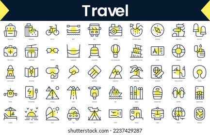 Set of thin line travel Icons. Line art icon with Yellow shadow. Vector illustration