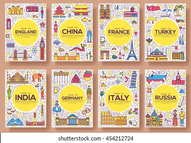 Set of thin line travel world country concept. Art traditional, magazine, book, poster, abstract, banners, element. Vector outline package greeting card or invitation design background