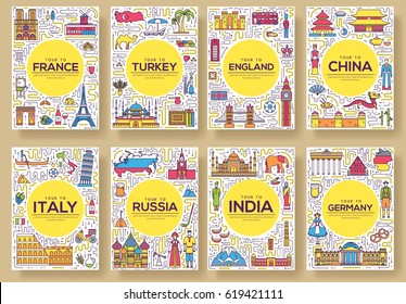 Set of thin line travel world country concept. Art traditional, magazine, book, poster, abstract, banners, element. Vector outline package greeting card or invitation design background