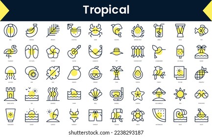 Set of thin line tropical Icons. Line art icon with Yellow shadow. Vector illustration