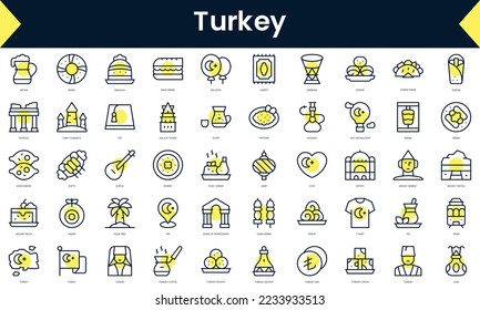 Set of thin line turkey Icons. Line art icon with Yellow shadow. Vector illustration