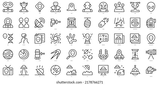 Set of thin line ufo and aliens Icons. Vector illustration