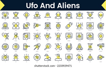 Set of thin line ufo and aliens Icons. Line art icon with Yellow shadow. Vector illustration