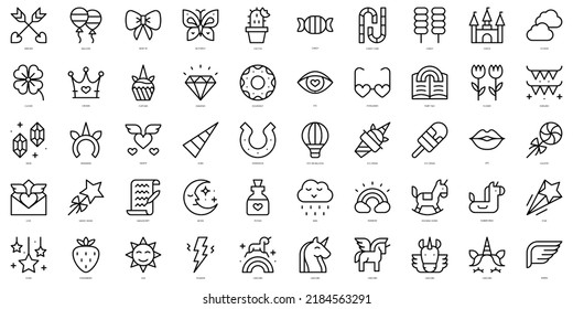 Conjunto de Iconos de unicornio de línea delgada. Ilustración del vector