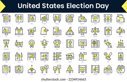 Set of thin line united states election day Icons. Line art icon with Yellow shadow. Vector illustration
