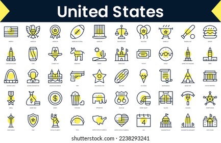 Set of thin line united states Icons. Line art icon with Yellow shadow. Vector illustration
