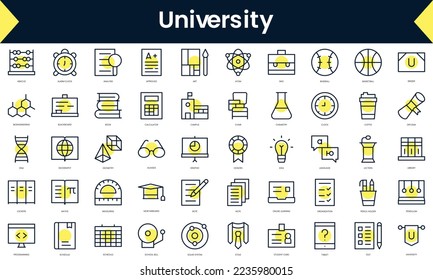 Set of thin line university Icons. Line art icon with Yellow shadow. Vector illustration