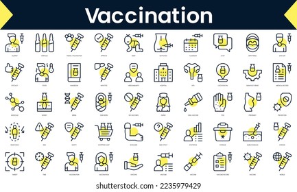 Set of thin line vaccination Icons. Line art icon with Yellow shadow. Vector illustration