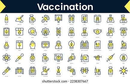 Set of thin line vaccination Icons. Line art icon with Yellow shadow. Vector illustration