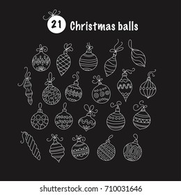 Set of thin line vector Christmas icons. Collection of Christmas balls for modern designs.