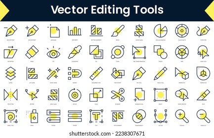 Set of thin line vector editing tools Icons. Line art icon with Yellow shadow. Vector illustration