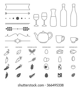 Set Of Thin Line Vector Elements And Allergy Icons For Restaurant Menu Design