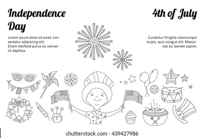 Set of thin line vector elements for USA Independence Day. Collection of icons for national holiday of America. 4th of July. Fireworks, BBQ and boy with flags. Black and white horizontal design.
