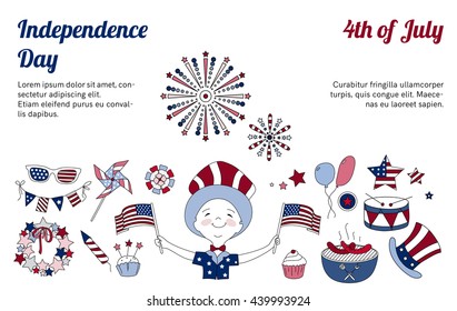 Set of thin line vector elements for USA Independence Day. Collection of icons for national holiday of America. 4th of July. Fireworks, BBQ and boy with flags. Blue and red horizontal design.