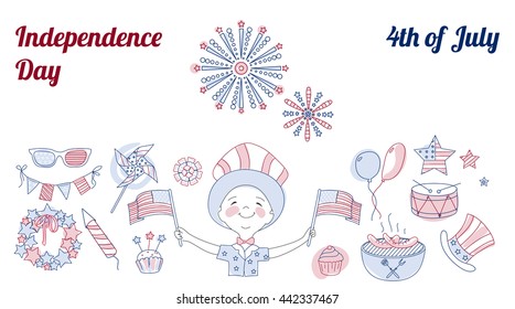 Set of thin line vector elements for USA Independence Day. Collection of icons for national holiday of America. 4th of July. Fireworks, BBQ and boy with flags. Blue and red horizontal design.