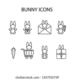 Set of thin line vector icons of cute bunnies, linear graphic symbol isolated on white. 