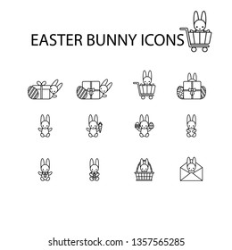 Set of thin line vector icons of Easter bunnies, linear graphic symbol isolated on white. Easter design. 