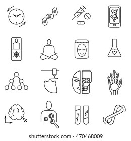 Set of thin line vector icons on the subject of life extension technologies in the future.
