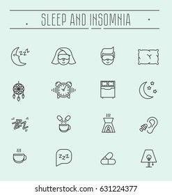 Set of thin line vector icons with symbols of sleep problems and insomnia. Healthcare logo vector illustration.  Treatments and pills, sleeping person with mask, hot drink.