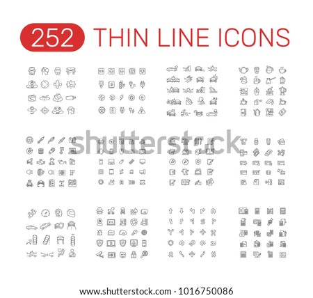 Set of thin line vector icons pictogram. 360 Degree, calculation, car accident, 
coffee and tea, computer, car service, copywriting, accident, data security, direction, credit card, electrical theme. 