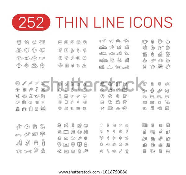 Set of thin line vector icons pictogram. 360 Degree,\
calculation, car accident, \
coffee and tea, computer, car service,\
copywriting, accident, data security, direction, credit card,\
electrical theme. 