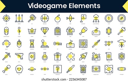 Set of thin line videogame elements Icons. Line art icon with Yellow shadow. Vector illustration