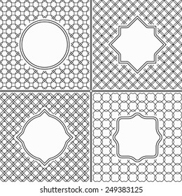 Set of Thin Line Vintage Frames on Black and White Abstract Geometric Retro Backgrounds Saved as Seamless Patterns in Swatch Panel, easily editable, can also be labels or badges