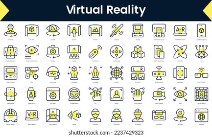 Set of thin line virtual reality Icons. Line art icon with Yellow shadow. Vector illustration