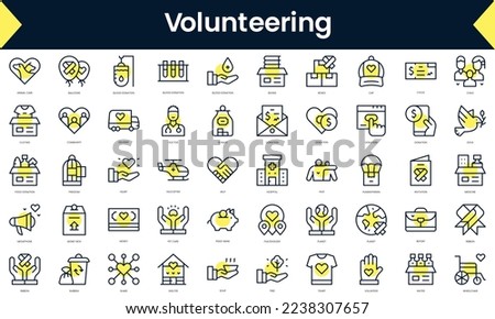Set of thin line volunteering Icons. Line art icon with Yellow shadow. Vector illustration