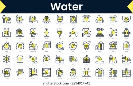 Set of thin line water Icons. Line art icon with Yellow shadow. Vector illustration