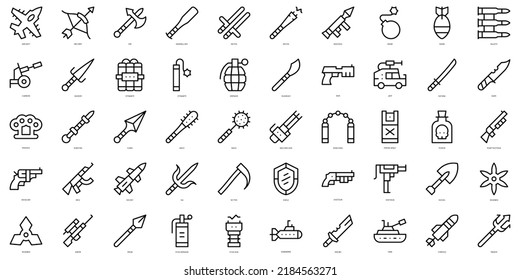 Conjunto de armas de línea delgada Iconos. Ilustración del vector