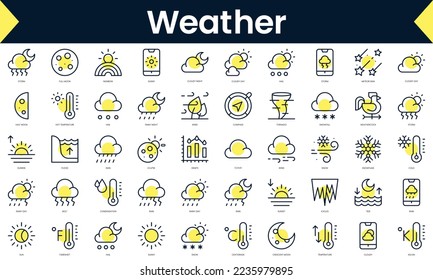 Conjunto de Iconos de clima delgado. Icono de línea de arte con sombra amarilla. Ilustración del vector