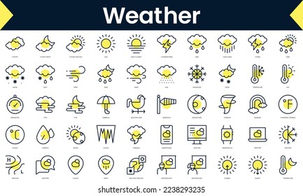 Set of thin line weather Icons. Line art icon with Yellow shadow. Vector illustration