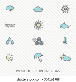 Set of Thin Line Weather Icons. Vector Illustration. Sun, cloud, rain, wind, umbrella, star icons for web and mobile design