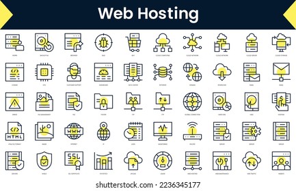 Set of thin line web hosting Icons. Line art icon with Yellow shadow. Vector illustration