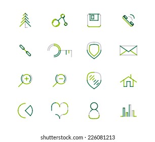 Set of thin line web icons isolated on white - connection floppy handset key shield letter email zoom home chart heart love graph user avatar