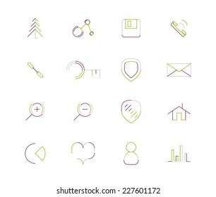 Set of thin line web icons isolated on white - connection floppy handset key shield letter email zoom home chart heart love graph user avatar