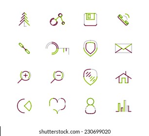 Satz dünne Web-Symbole einzeln auf weiß - Verbindung Diskettenset-Schlüsselschild-E-Mail-Zoom Home-Diagramm Herz-Lieblingsgraph Benutzer Avatar