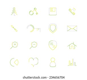 Set of thin line web icons isolated on white - connection floppy handset key shield letter email zoom home chart heart love graph user avatar