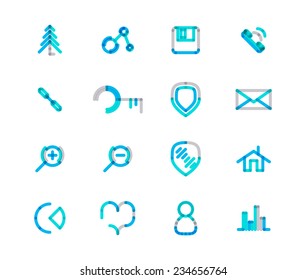Conjunto de iconos web de línea delgada aislados en blanco - conexión disquetes teclado carta de correo electrónico zoom gráfico de inicio gráfico de amor de corazón usuario avatar